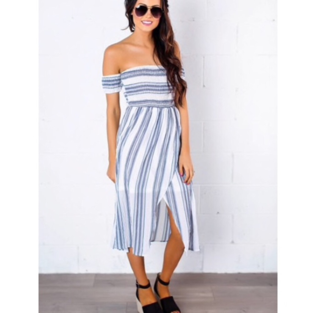 Blue Multi Stripe Midi Dress Off the Shoulders